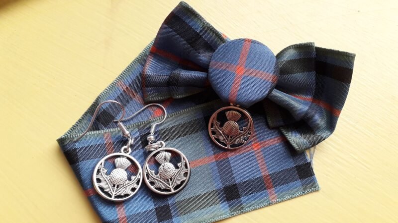 Tartan Bow Brooch & Matching Thistle earrings