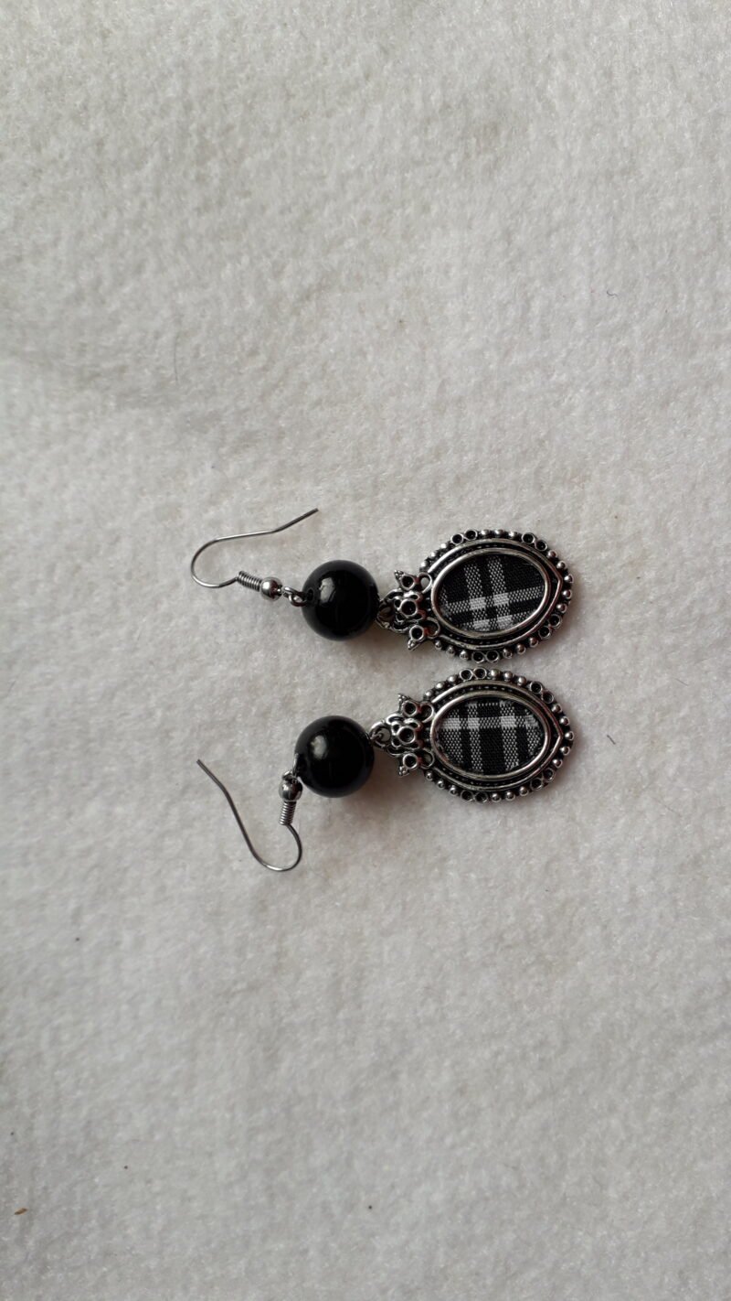 Antique Style Earrings with Tartan Inlay and Coordinating Bead Accent