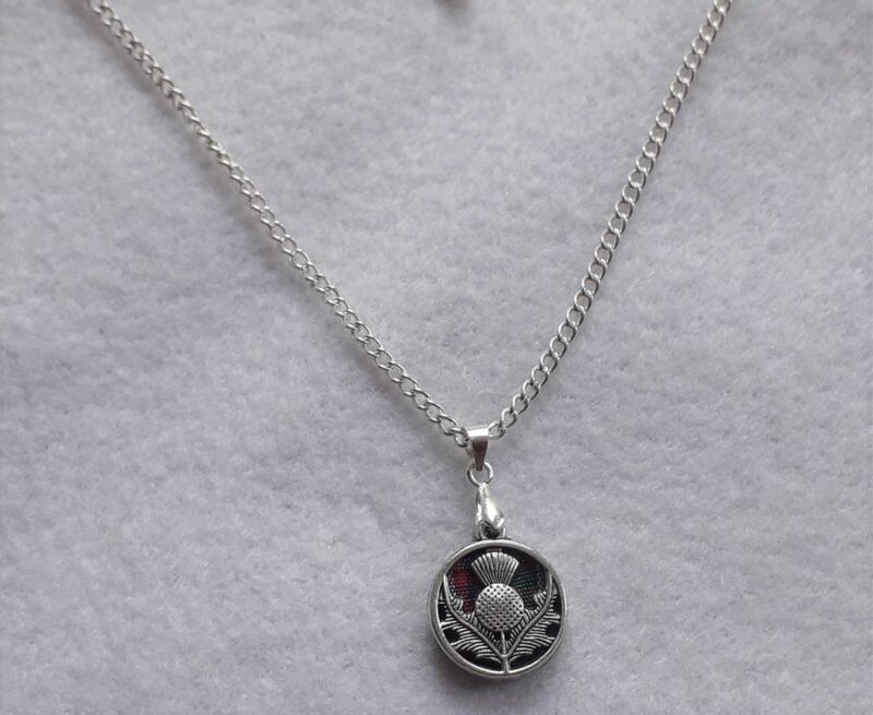 Silver Scottish Thistle Necklace with Tartan Inlay