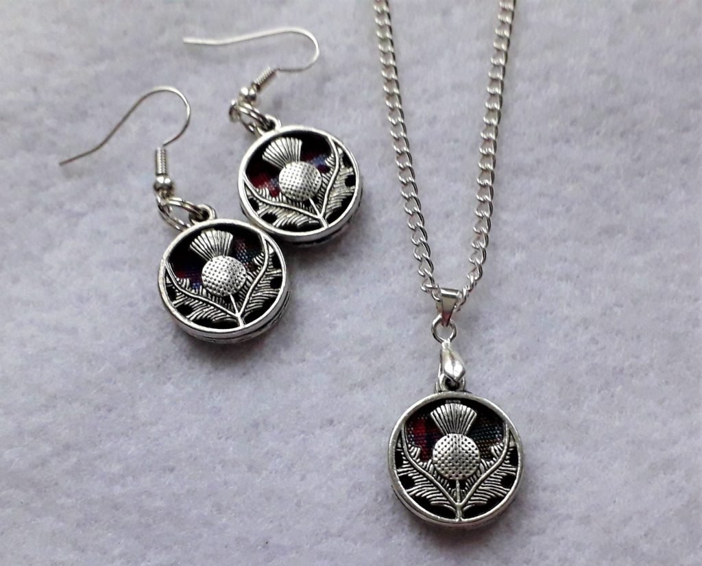 Thistle Necklace and Earrings Set with Tartan Inlay
